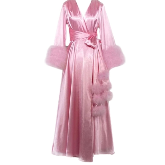 Other - Luxurious Pink Satin Robe with Feather Trim